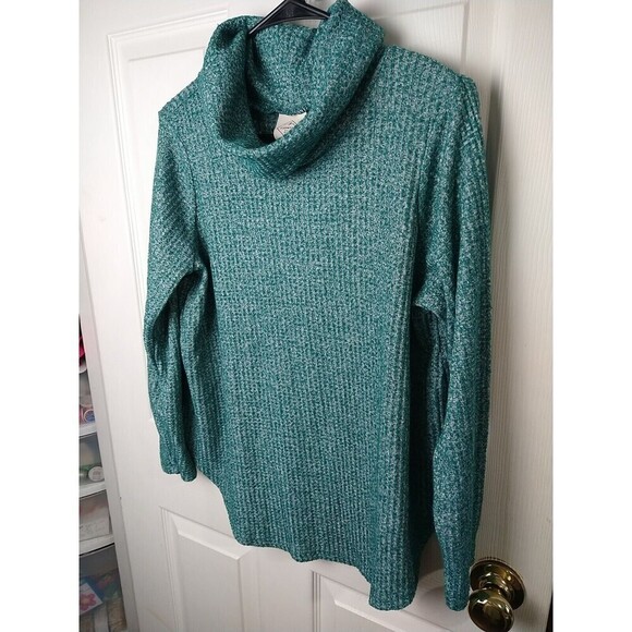 St. Johns Bay Green Waffle Turtleneck Long Sleeve Curved Hemline Top. Size PL - Picture 2 of 11